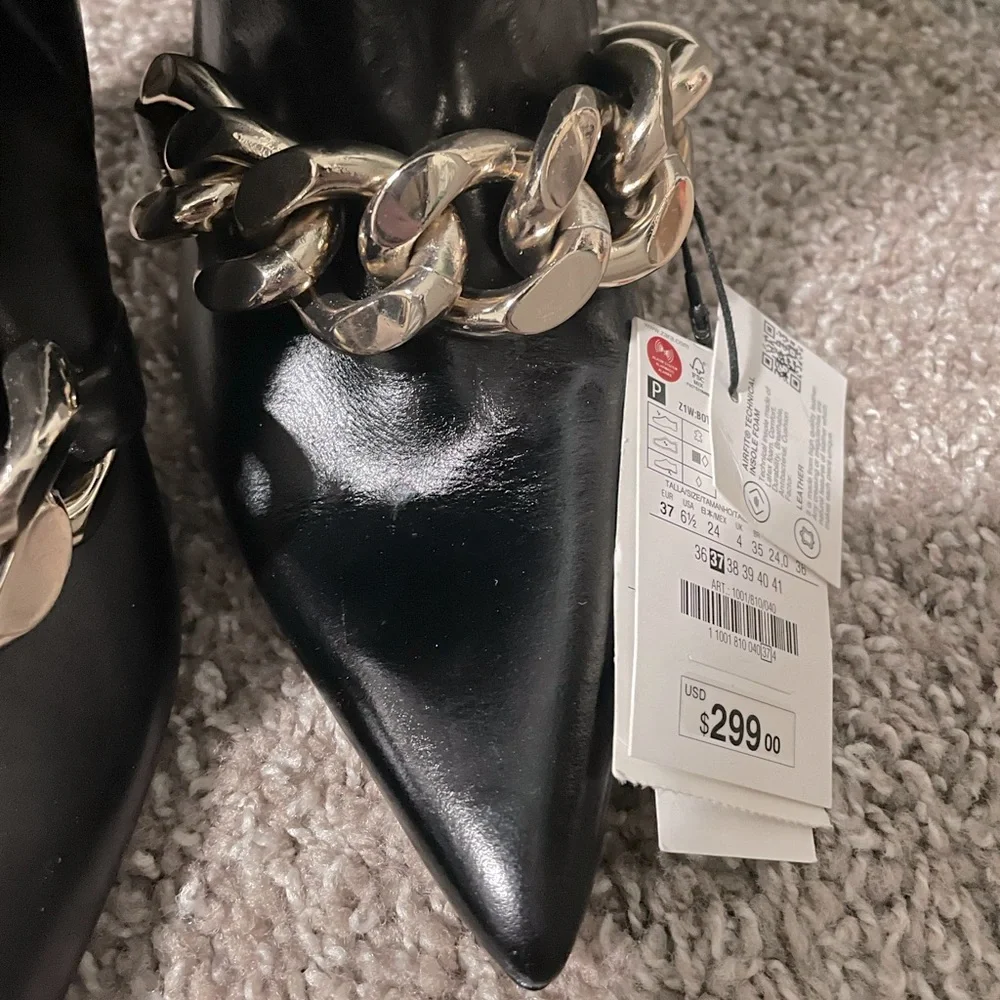 Zara Heeled Leather Knee High Boots With Chain Detail - Picture 13 of 16